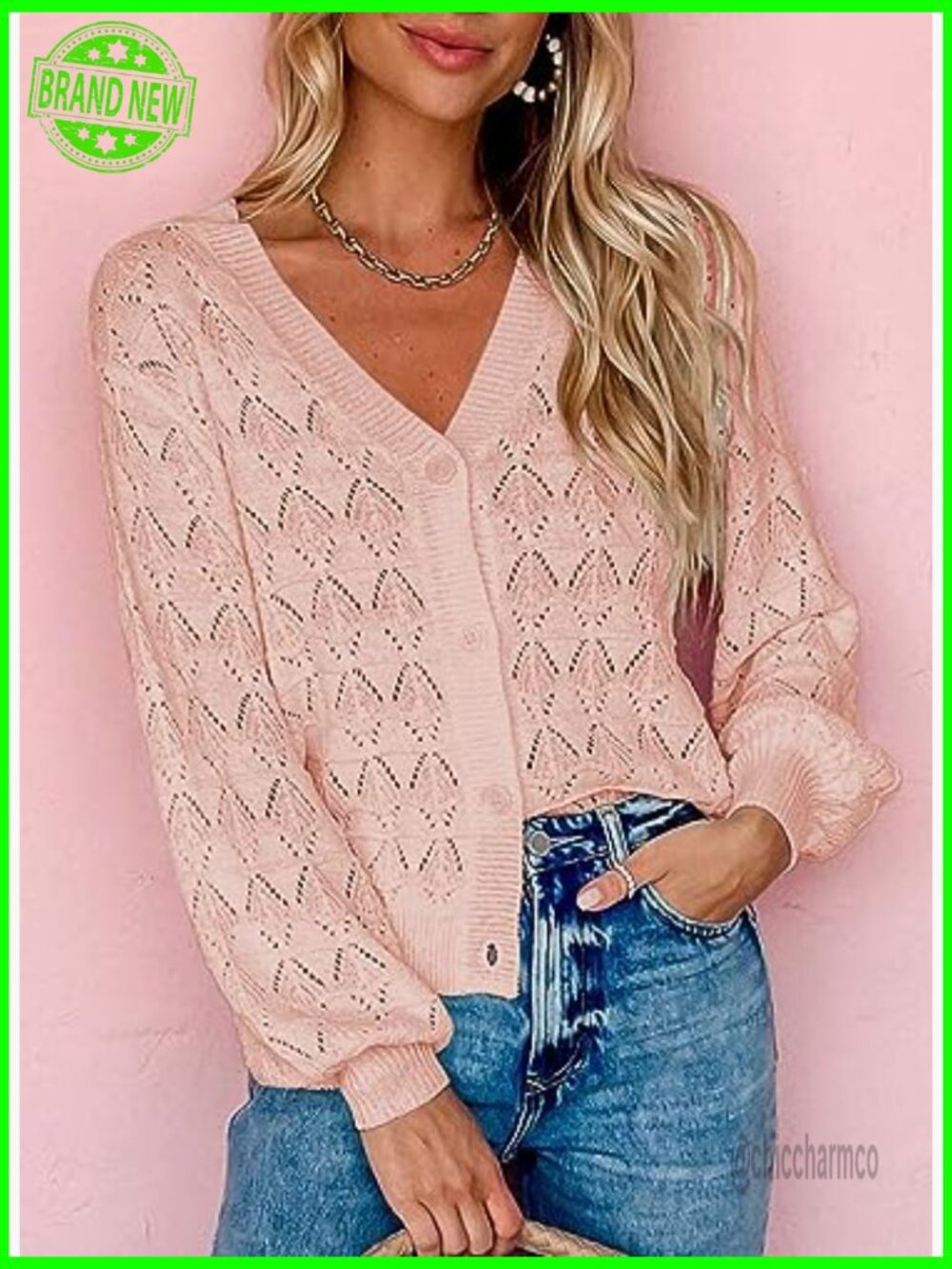 Crochet Knit Open Front Cardigan Lightweight Puff Sleeve V-Neck - Picture 3 of 7